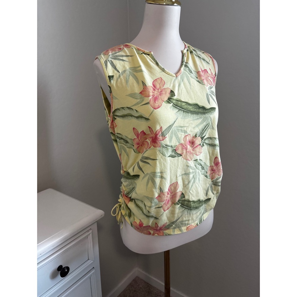 Palm Grove Womens Yellow Tropical Floral Ruched Side Sleeveless Top Size M